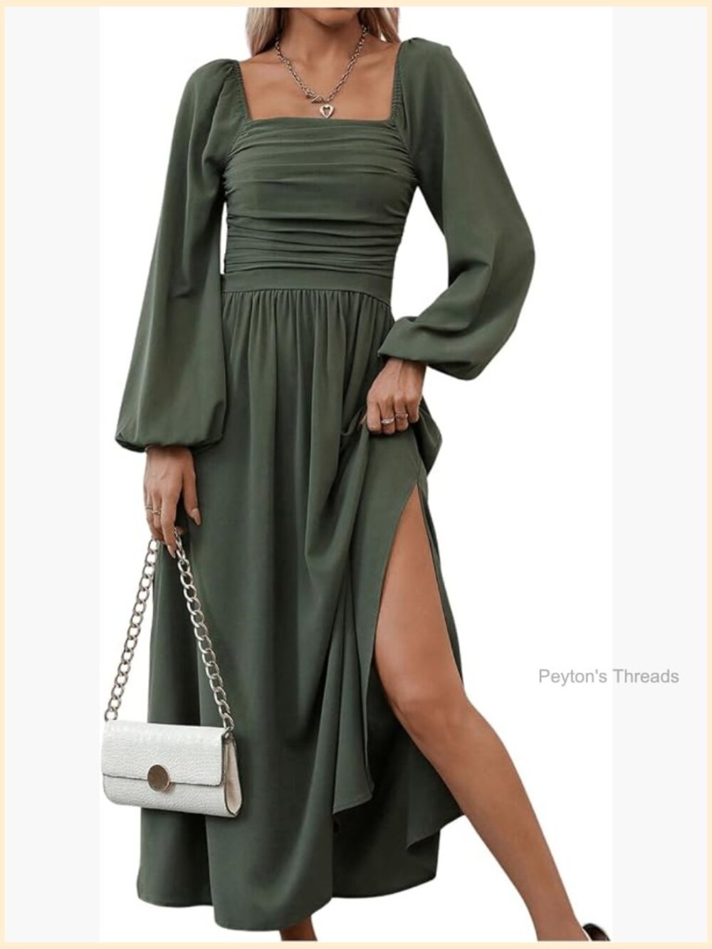 Women's Square Neck Lantern Long Sleeve Ruched Midi Dress - Picture 1 of 6